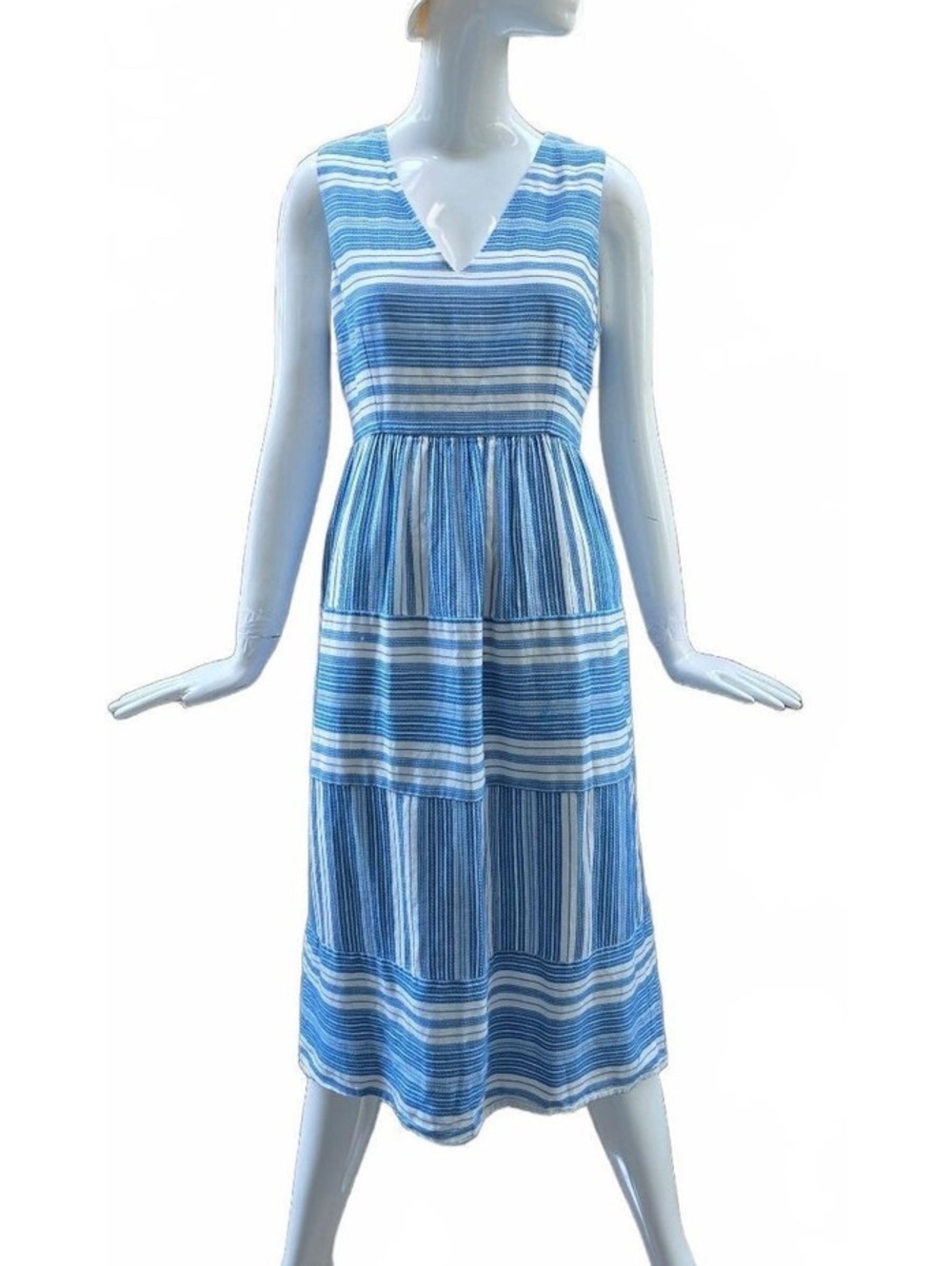 Megan Park Blue And White Striped V-Neck Cotton Midi Dress. Sleeveless Size 2